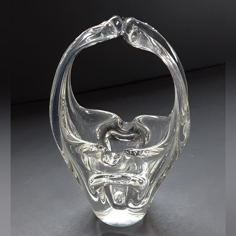 Vintage Art Glass Basket Clear 8" tall Mid-century Modern Decor
